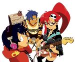  absurdres amber_eyes blue_hair boota gainax glasses guitar headphones highres instrument kamina long_hair pony_tail ponytail red_hair redhead shorts simon tengen_toppa_gurren-lagann tengen_toppa_gurren_lagann thigh_highs thighhighs vector vector_trace yellow_eyes yoko yoko_littner yoko_ritona 