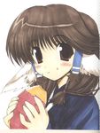  animal_ears aruru aruruu aruruw blush blushing brown_eyes brown_hair dog_ears food highres inumimi short_hair sweet_potato twin_tails twintails utawareru_mono utawarerumono yam 