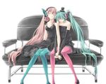  aqua_hair blue_legwear breasts butterfly_wings cleavage closed_eyes detached_sleeves dress elbow_gloves fingerless_gloves frills gloves hat hatsune_miku headphones holding_hands long_hair magnet_(vocaloid) medium_breasts megurine_luka mini_hat mini_top_hat multiple_girls pantyhose pink_hair pink_legwear side_ponytail sitting sleeping sleeping_upright top_hat touya_(roukaku) very_long_hair vocaloid wings yuri 