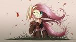  clothed clothing equine feathered_wings feathers female fluttershy_(mlp) friendship_is_magic fur grass green_eyes hair hooves mammal my_little_pony ncmares one_eye_closed pegasus pink_hair simple_background smile solo standing wings yellow_feathers yellow_fur 