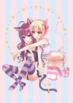 :d :p ahoge ameno_kiko animal_ears bad_id bad_pixiv_id banned_artist black_panties blonde_hair blue_eyes breasts brown_hair cat_ears cat_lingerie cat_tail cleavage cleavage_cutout colored_stripes commentary_request fake_animal_ears green_eyes hairband hug hug_from_behind ichinose_shiki idolmaster idolmaster_cinderella_girls kneeling large_breasts lazy_lazy_(idolmaster) long_hair meme_attire miyamoto_frederica multiple_girls no_shoes open_mouth panties short_hair side-tie_panties simple_background sitting smile star striped striped_background striped_legwear tail thighhighs tongue tongue_out underwear vertical-striped_background vertical_stripes wariza white_panties 