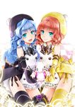  1girl :d akatsuki_hijiri blue_eyes blue_hair bow checkered checkered_floor fang fingerless_gloves flower furfur gloves hat heart heart_hands heart_hands_duo leotard mismatched_legwear open_mouth orange_hair otoko_no_ko rose smile striped striped_legwear umineko_no_naku_koro_ni zepar 