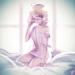  ahoge artist_name bad_id bad_pixiv_id blonde_hair blue_eyes bra collarbone full_body highres kisaragi_yuu_(fallen_sky) off-shoulder_shirt one_eye_closed original rubbing_eyes see-through seiza shirt signature sitting solo underwear vignetting 