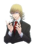  barnaby_brooks_jr commentary_request formal glasses jewelry keno_kaicoo male_focus necktie potters_wheel_pose ring simple_background smile solo suit tiger_&amp;_bunny white_background 