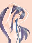  adjusting_hair androgynous arms_up blue_eyes blue_hair collarbone drifters hair_over_one_eye hair_ribbon half-closed_eyes lips long_hair male_focus misaragi mouth_hold nasu_no_yoichi nipples pale_skin parted_lips pink_background ribbon simple_background solo tying_hair upper_body 