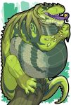  abdominal_bulge ambiguous_gender ambiguous_pred ambiguous_prey bell belly big_belly capcom claws feral great_jagras green_scales hypnofood monster_hunter reptile saliva scales scalie slit_pupils soft_vore spikes tongue tongue_out video_games vore yellow_eyes 