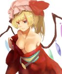  absurdres bangs bare_shoulders blonde_hair blue_eyes bow breasts cleavage closed_mouth collarbone flandre_scarlet hand_up hat hat_bow hat_ribbon highres japanese_clothes kimono kimono_pull long_sleeves looking_at_viewer medium_breasts mob_cap obi off_shoulder pulled_by_self red_kimono red_ribbon ribbon sash side_ponytail simple_background smile solo touhou white_background wide_sleeves wings xii_yashizhongzhan 