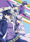  black_hair chain diamond_wa_kudakenai earrings gakuran green_eyes hair_over_one_eye hands_in_pockets hat highres hook jewelry jojo_no_kimyou_na_bouken kuujou_joutarou long_coat male_focus multiple_boys multiple_persona purple_eyes school_uniform stardust_crusaders stone_ocean stud_earrings syei turtleneck vento_aureo 