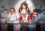  1girl bare_shoulders black_eyes black_hair blush breasts cleavage convention cosplay detached_sleeves embarrassed fat_man glasses headgear highres indoors jall_boint japanese_clothes kantai_collection kongou_(kantai_collection) kongou_(kantai_collection)_(cosplay) large_breasts legs long_hair looking_at_viewer money navel no_eyes original otaku parted_lips public red_skirt sitting skirt smile standing table thighhighs thighs 