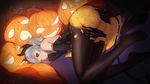  ass bodysuit breasts elbow_gloves gloves gray_hair halloween honey horns original pointed_ears pumpkin ranyu_kuro red_eyes short_hair signed tail 