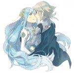  1girl aisutabetao amulet aqua_(fire_emblem_if) armor bangs blue_cape blue_hair blush cape couple detached_sleeves dress eye_contact fire_emblem fire_emblem_if hetero hug long_hair looking_at_another male_my_unit_(fire_emblem_if) my_unit_(fire_emblem_if) parted_lips red_eyes short_hair silver_hair simple_background smile spiked_hair upper_body veil very_long_hair white_background white_dress yellow_eyes 