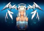  bare_shoulders breasts dark_skin head_wings highres long_hair mechanical_halo mechanical_wings original shirousagi_uyu silver_hair small_breasts smile solo wings yellow_eyes 