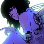  black_hair bodysuit cable cyborg fingerless_gloves ghost_in_the_shell gloves ilya_kuvshinov kusanagi_motoko looking_at_viewer red_eyes short_hair solo subdermal_port 