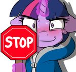 blush captainpudgemuffin clothed clothing equine female friendship_is_magic hair horn looking_at_viewer mammal my_little_pony purple_eyes purple_hair reaction_image simple_background smile solo sweat twilight_sparkle_(mlp) unicorn white_background 