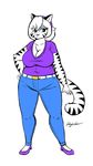  blue_eyes breasts cleavage clothed clothing feline female looking_at_viewer mammal pink_lips ray_lee simple_background tiger white_tiger wide_hips 