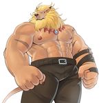  2016 abs anthro belt blonde_hair clothed clothing digimon ear_piercing hair leomon male muscular nipples pants pecs piercing solo the_farewelled topless 