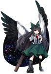 :d arm_cannon asymmetrical_wings bird_wings black_hair black_wings bow full_body green_bow green_skirt hair_bow hand_on_hip highres long_hair long_skirt looking_at_viewer mikomo0106 open_mouth red_eyes reiuji_utsuho skirt smile solo standing star_(sky) touhou transparent_background v-shaped_eyebrows weapon wings 