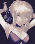  armpits arms_behind_head artoria_pendragon_(all) black_dress blonde_hair breasts cleavage dress fate/grand_order fate/stay_night fate_(series) looking_at_viewer medium_breasts saber_alter sleeveless sleeveless_dress solo ya_4004 yellow_eyes 