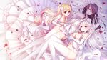  animal_ears blonde_hair breasts brown_hair catgirl collar dress elbow_gloves flat_chest flowers garter_belt gloves headdress long_hair navel niliu_chahui nipples no_bra open_shirt original petals red_eyes ribbons sleeping stockings thighhighs twintails wedding_attire white_hair 