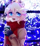  ahoge bad_id bad_pixiv_id blonde_hair blue_background blue_eyes blurry coat coffee_cup cup dated depth_of_field disposable_cup highres holding holding_cup kisaragi_yuu_(fallen_sky) merry_christmas open_mouth original scarf short_hair signature smile solo steam upper_body winter_clothes winter_coat 
