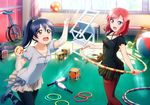  ankle_lace-up ball blue_hair brown_eyes chair cross-laced_footwear dress highres holding hoop hula_hoop juggling juggling_club long_hair love_live! love_live!_school_idol_festival love_live!_school_idol_project multiple_girls nishikino_maki non-web_source official_art open_mouth pantyhose ponytail puffy_sleeves purple_eyes red_hair ribbon short_dress short_hair short_sleeves slippers smile sonoda_umi unicycle 