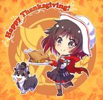  boots cape chibi commentary dog english food hat highres iesupa ruby_rose rwby thanksgiving turkey_(food) welsh_corgi zwei_(rwby) 