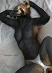  anthro arms_above_head bed black_fur black_nipples black_nose breasts claws clothing cosmiclife female fur hand_on_face nipples panties pinup pose redpanda solo underwear 