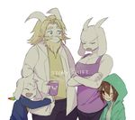  4_fingers adopted ambiguous_gender angry anthro asgore_dreemurr asriel_dreemurr beard beverage big_breasts blonde_hair blue_eyes blush boss_monster breasts brown_hair caprine chara_(undertale) child clothed clothing coffee coffee_mug crossed_arms cub english_text eyes_closed facial_hair family father female fully_clothed fur goat group hair hair_tuft handkerchief happy hoodie horn hug human humanoid husband lab_coat legwear long_ears male mammal married mature_female mature_male mother mustache nazo_dawa one_eye_closed open_mouth pants parent red_eyes simple_background slightly_chubby storyshift stripes sweat teeth text toriel undertale video_games white_background white_fur wife young 