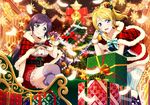  arm_support ayase_eli bell bent_over black_hair blonde_hair blue_eyes box capelet christmas christmas_tree collarbone crossed_legs gift gift_box green_eyes hair_ornament high_ponytail highres holding looking_at_viewer love_live! love_live!_school_idol_festival love_live!_school_idol_project multiple_girls official_art open_mouth santa_costume sitting smile star striped striped_legwear thighhighs toujou_nozomi white_feathers wrist_cuffs zettai_ryouiki 