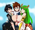  1boy 2girls areolae bayonetta bayonetta_(character) bayonetta_2 black_hair blue_eyes breast_press breasts brown_hair clouds crossover glasses green_eyes green_hair huge_breasts kid_icarus lipstick multiple_girls multiple_paizuru nipples outside palutena penis pit super_smash_bros. sweat teamwork thehumancopier uncensored 