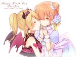  2girls angel_wings ayase_eli blonde_hair blush bow character_name closed_eyes demon_horns demon_wings earrings flower flower_earrings hair_flower hair_ornament happy_birthday headset heart horns hoshizora_rin jewelry long_hair love_live! love_live!_school_idol_project multiple_girls one_side_up orange_hair polka_dot ponytail sakuramochi_n short_hair simple_background tiara twitter_username white_background wings wrist_cuffs yuri 