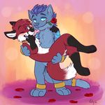  anthro black_fur black_nose blue_eyes blue_fur blue_nose blush canine detailed_background flower fox fur fur_markings male male/male mammal markings monadofox multicolored_fur one_eye_closed open_mouth plant rangaricat red_fur romantic_couple rose teeth waywardmutt white_fur 