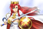  boudica_(fate/grand_order) crown fate/grand_order green_eyes red_hair shield smile sword 