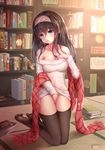  black_hair black_legwear blue_eyes blush book bookshelf breasts hairband idolmaster idolmaster_cinderella_girls jewelry kneeling large_breasts long_hair looking_away napalmbit necklace off-shoulder_sweater pendant ribbed_sweater sagisawa_fumika shawl solo sweater tatami thighhighs 