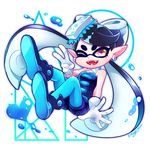  1girl aori_(splatoon) artist_name bad_id bad_pixiv_id black_hair blue_footwear boots breasts character_name cleavage detached_collar domino_mask earrings fangs full_body gloves highres jewelry kisaragi_yuu_(fallen_sky) mask mole mole_under_eye multicolored multicolored_eyes object_on_head one_eye_closed open_mouth orange_eyes pantyhose pointy_ears purple_eyes short_jumpsuit signature small_breasts smile solo splatoon_(series) splatoon_1 strapless tentacle_hair v white_gloves 