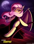  2016 bat_pony clothed clothing cutie_mark dress english_text female flutterbat_(mlp) fluttershy_(mlp) friendship_is_magic full_moon hair hi_res hooves long_hair looking_at_viewer moon my_little_pony outside pink_hair red_eyes solo text wings zelc-face 