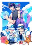  aqua_eyes ball bare_chest beachball black_hair blue_sky chin_rest closed_eyes cloud day diamond_wa_kudakenai drink drinking_straw eyewear_on_head flower food fruit glass hat hat_over_one_eye highres hood hoodie jojo_no_kimyou_na_bouken kuujou_joutarou male_focus multiple_boys multiple_persona no_shirt ocean one_eye_closed open_clothes open_hoodie open_mouth sky smile stardust_crusaders stone_ocean sunglasses sweatdrop syei vento_aureo 