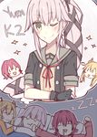  :3 =_= abukuma_(kantai_collection) bad_anatomy bad_hands black_gloves blonde_hair closed_eyes commentary dreaming drooling fingerless_gloves gloves hair_rings kantai_collection kinu_(kantai_collection) kvlen multiple_girls one_eye_closed open_mouth pajamas pink_hair ponytail punching red_hair remodel_(kantai_collection) sleeping smile sparkle wavy_mouth yura_(kantai_collection) zzz |_| 