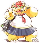  1up bowser claws garou-zuki horns looking_at_viewer male_focus mario_(series) microphone mushroom one_eye_closed pinky_out pointing red_hair school_uniform serafuku simple_background skirt solo tail white_background 