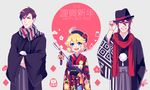  2016 2boys absurdres arrow artist_name bad_id bad_pixiv_id beret black_eyes black_gloves black_nails blonde_hair blue_eyes bow braid brown_eyes brown_hair chinese_zodiac crossed_arms diamond_(shape) ear_piercing fedora flower flower_(symbol) frown gloves grin hair_bow happy_new_year hat hat_flower hat_tip highres japanese_clothes kimono kisaragi_yuu_(fallen_sky) multiple_boys nail_polish nengajou new_year open_mouth original piercing scarf signature smile striped striped_scarf translation_request year_of_the_monkey 