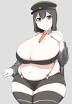  akitsu_maru_(kantai_collection) between_breasts big_belly black_eyes black_hair black_legwear blush bra breasts commentary_request deep_skin fat fat_folds gigantic_breasts gloves hat jacket jacket_on_shoulders kantai_collection magure_senshi military_hat navel necktie necktie_between_breasts obese partial_commentary sagging_breasts short_hair shorts skindentation smile solo strapless strapless_bra suspenders thighhighs underwear undressing white_gloves wide_hips 