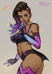  breasts dark_skin finger_to_mouth large_breasts looking_at_viewer mina_cream mole mole_under_eye overwatch solo sombra_(overwatch) undercut 