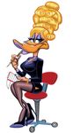  anthro avian bathgate21 beak big_breasts bird blonde_hair bracelet breasts chair clothed clothing daffy_duck duck eyewear female footwear glasses hair high_heels jewelry legwear lipstick long_hair looking_at_viewer looney_tunes makeup nails necklace paper pen shoes simple_background sitting skirt smile solo stockings suit warner_brothers white_background 