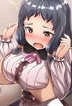  1girl alternate_costume black_hair blush breast_grab breasts brown_eyes clenched_hand commentary_request embarrassed eyebrows grabbing hizyon idolmaster idolmaster_cinderella_girls large_breasts long_hair long_sleeves low_twintails meme_attire oonuma_kurumi open_mouth solo_focus twintails virgin_killer_outfit 