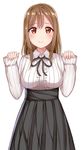  alternate_costume black_ribbon breasts brown_eyes brown_hair center_frills commentary_request eyebrows eyebrows_visible_through_hair highres kunikida_hanamaru large_breasts long_hair long_sleeves looking_at_viewer love_live! love_live!_sunshine!! meme_attire mizukoshi_(marumi) ribbon simple_background smile solo virgin_killer_outfit white_background 
