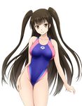  arena_(company) ass_visible_through_thighs bangs bare_arms bare_legs bare_shoulders blue_swimsuit blunt_bangs blush breasts brown_eyes brown_hair closed_mouth clothes_writing collarbone competition_swimsuit contrapposto covered_navel eyebrows eyebrows_visible_through_hair eyelashes fuuma_nagi groin hand_on_own_thigh head_tilt highleg highleg_swimsuit large_breasts legs_together long_hair looking_at_viewer one-piece_swimsuit original revision sidelocks simple_background skin_tight smile solo standing swimsuit thigh_gap two_side_up very_long_hair white_background 