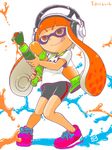  1girl bike_shorts child closed_mouth domino_mask female flat_chest full_body headphones hiroshi_ohnuma holding ink inkling licking_lips long_hair mask nintendo orange_hair shirt shoelaces shoes short_sleeves simple_background solo splatoon standing tentacle_hair weapon white_background white_shirt 