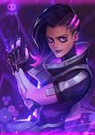  asymmetrical_hair black_hair character_name gloves glowing jacket lipstick makeup overwatch purple_eyes purple_lipstick skull solo sombra_(overwatch) xiaoguimist 