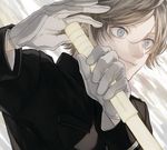  black_jacket blue_eyes brown_hair closed_mouth curry_gohan eyelashes from_side gloves holding holding_weapon jacket light_particles long_sleeves looking_at_viewer looking_away male_focus ouji_kazuaki signature smile solo upper_body weapon white_gloves world_trigger 