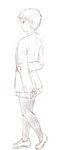  arms_behind_back greyscale hand_on_own_arm highres jacket long_sleeves monochrome niwatazumi original pantyhose pleated_skirt school_uniform shoes short_hair sketch skirt sleeves_past_wrists solo white_background 